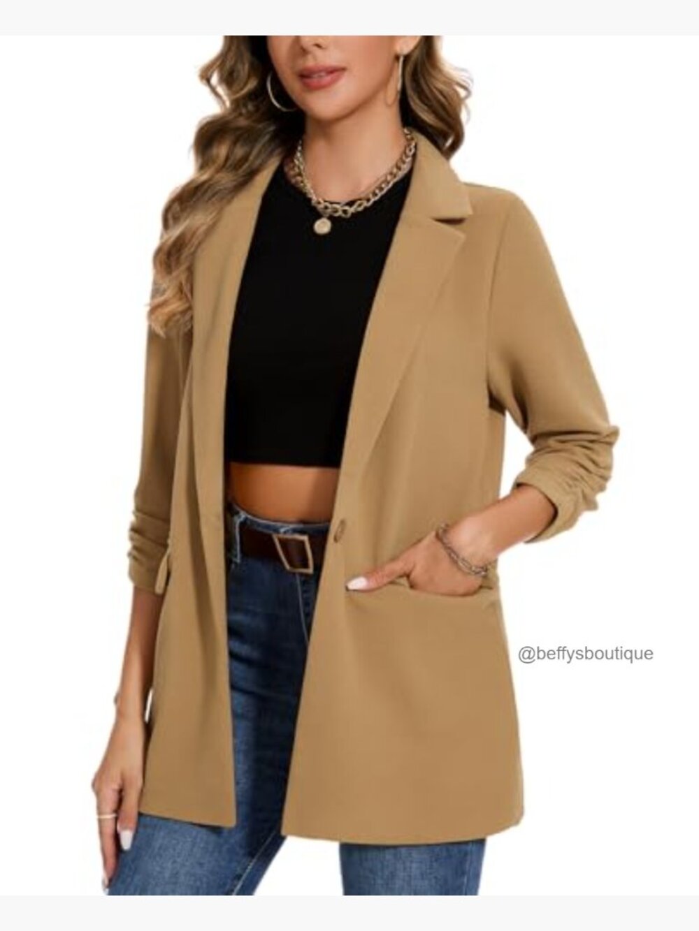 Casual Long Blazer 3/4 Ruched Sleeve Lapel Button Front Work Office Blazer - Picture 2 of 7